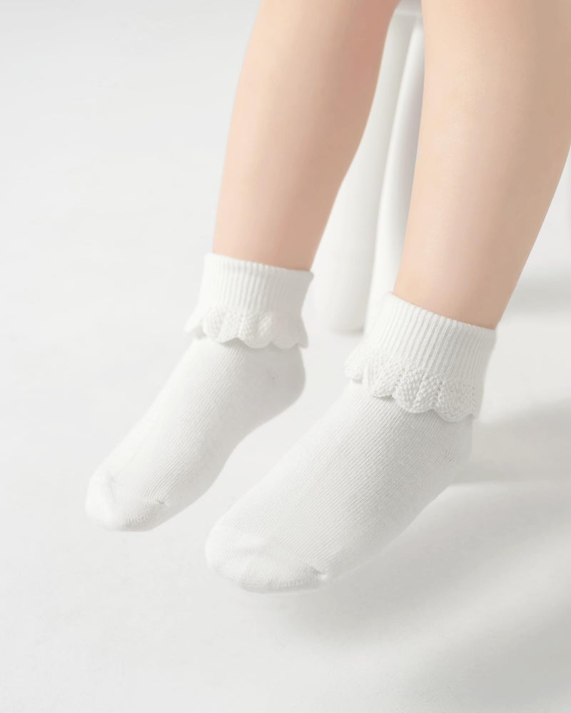 Funjoon Toddler Girls Baby Ruffle Socks Cute Cotton White Turn Cuff Frilly Dress Little Girls Socks 12M-6Y, white 2-4Y - Image 3