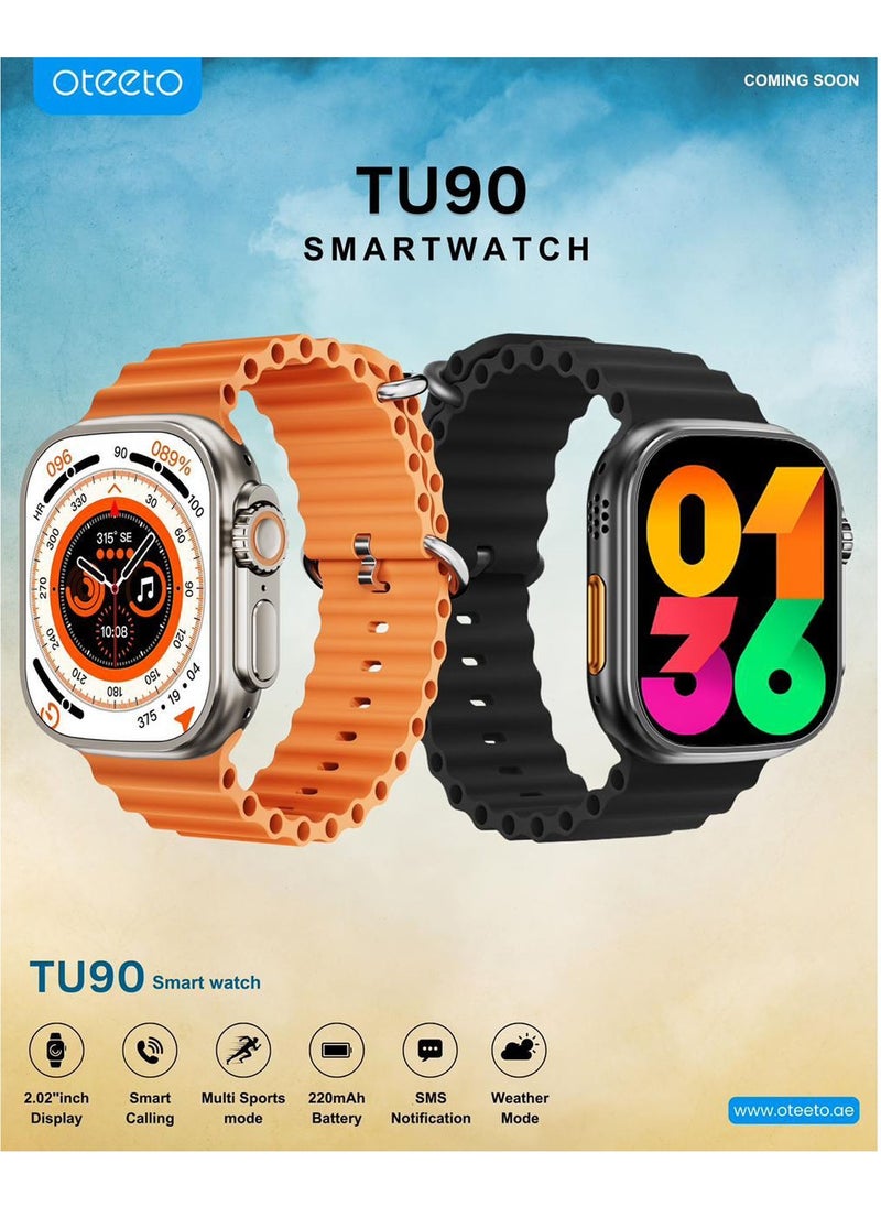 Oteeto - Oteeto TU90 Ultra 2 Smart Watch With 2.2 Inch Display 2 Pair Straps and Wireless Charger For Ladies and Gents Black - Image 1
