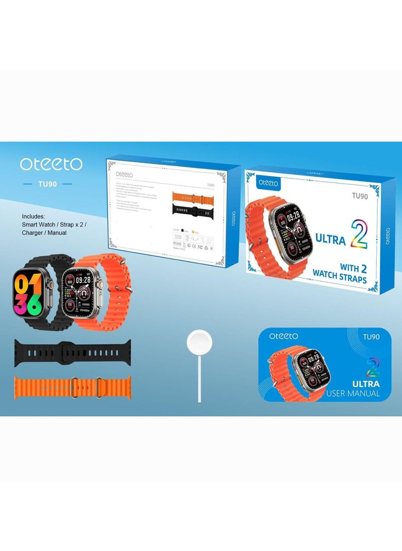 Oteeto - Oteeto TU90 Ultra 2 Smart Watch With 2.2 Inch Display 2 Pair Straps and Wireless Charger For Ladies and Gents Black - Image 1