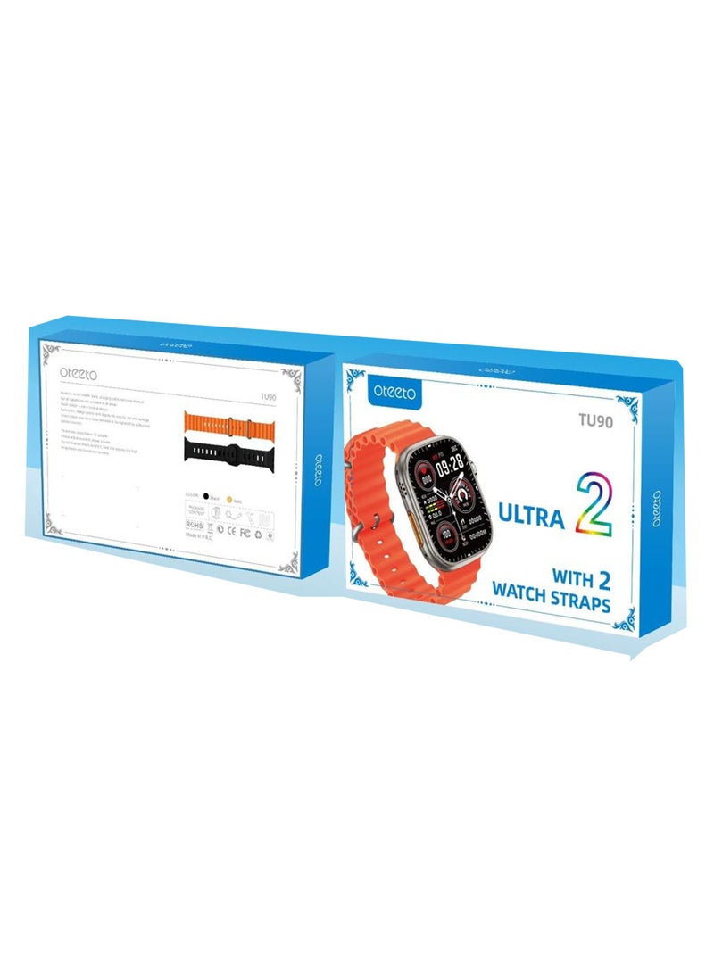 Oteeto - Oteeto TU90 Ultra 2 Smart Watch With 2.2 Inch Display 2 Pair Straps and Wireless Charger For Ladies and Gents Black - Image 1