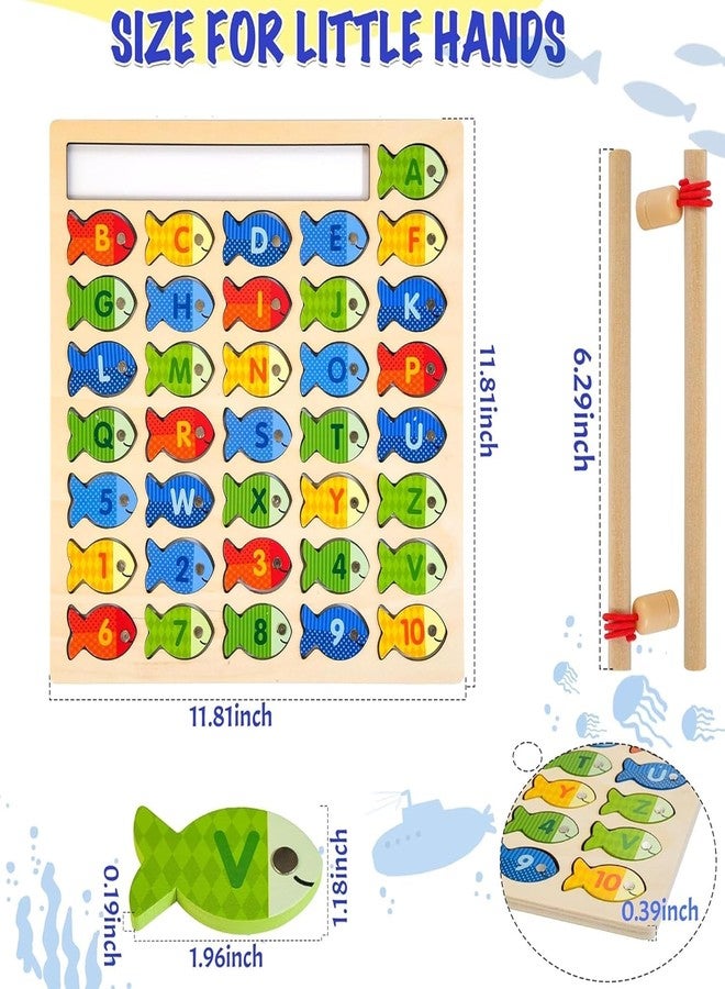 AMIRATE Wooden Magnetic Fishing Game for Kids | Montessori Learning Toy with Letters Numbers and Puzzle Board | Fine Motor Skill Educational Toy with 2 Fishing Poles - Image 2