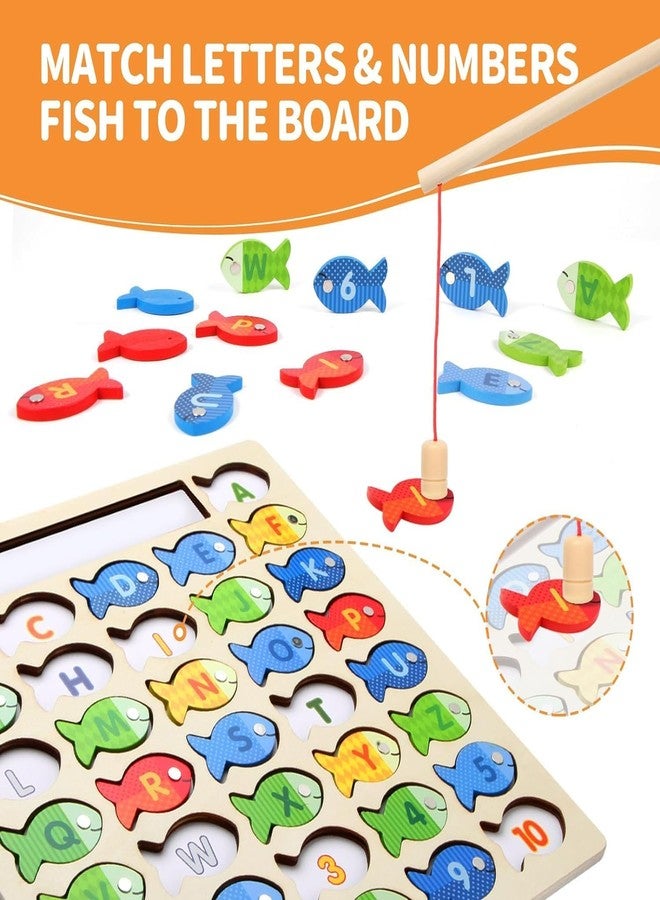 AMIRATE Wooden Magnetic Fishing Game for Kids | Montessori Learning Toy with Letters Numbers and Puzzle Board | Fine Motor Skill Educational Toy with 2 Fishing Poles - Image 3