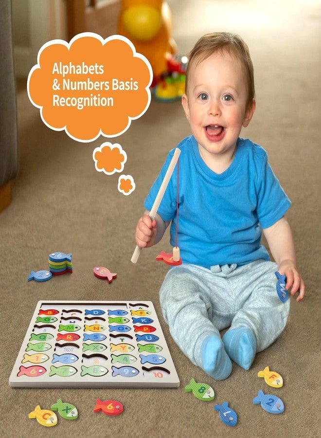 AMIRATE Wooden Magnetic Fishing Game for Kids | Montessori Learning Toy with Letters Numbers and Puzzle Board | Fine Motor Skill Educational Toy with 2 Fishing Poles - Image 5