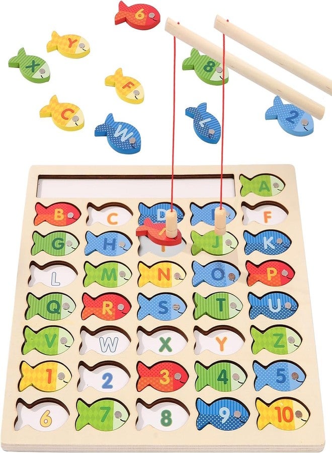 AMIRATE Wooden Magnetic Fishing Game for Kids | Montessori Learning Toy with Letters Numbers and Puzzle Board | Fine Motor Skill Educational Toy with 2 Fishing Poles - Image 1
