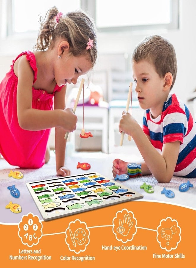 AMIRATE Wooden Magnetic Fishing Game for Kids | Montessori Learning Toy with Letters Numbers and Puzzle Board | Fine Motor Skill Educational Toy with 2 Fishing Poles - Image 4