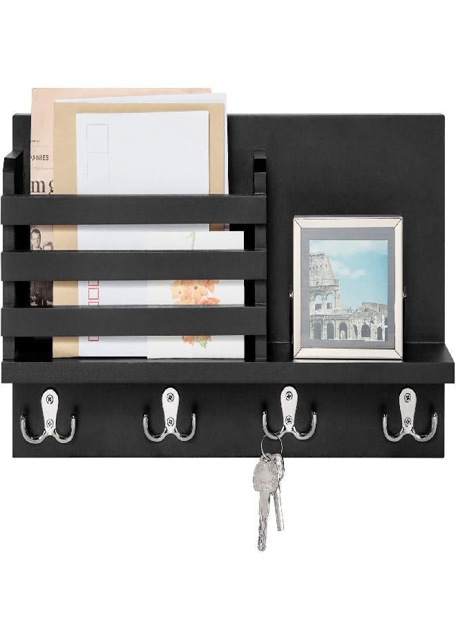 Dahey Wall Mounted Mail Holder Wooden Key Holder Rack Mail Sorter Organizer with 4 Double Key Hooks and A Floating Shelf Rustic Home Decor for Entryway or Mudroom,15.7" W x9.3 Hx3.2 D, Black - Image 1