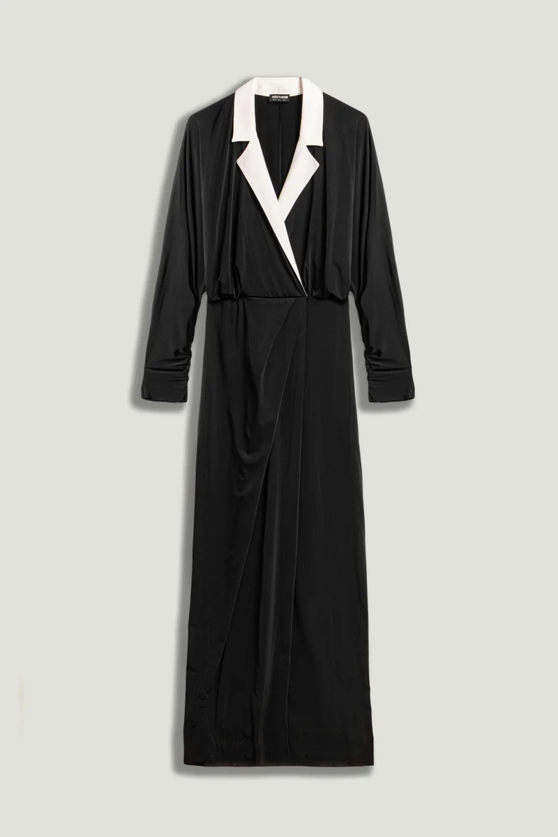 Nocturne  Contrast Lapel Draped Maxi Dress for Women | Best Price UAE