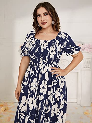 MakeMeChic Women's Plus Size Boho Floral Maxi Dress Curvy Short Sleeve Shirred Squared Neck Flomal Long Dress A Multi Blue 1XL - Image 4