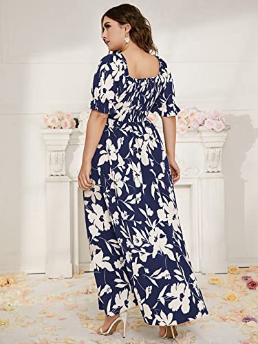 MakeMeChic Women's Plus Size Boho Floral Maxi Dress Curvy Short Sleeve Shirred Squared Neck Flomal Long Dress A Multi Blue 1XL - Image 2