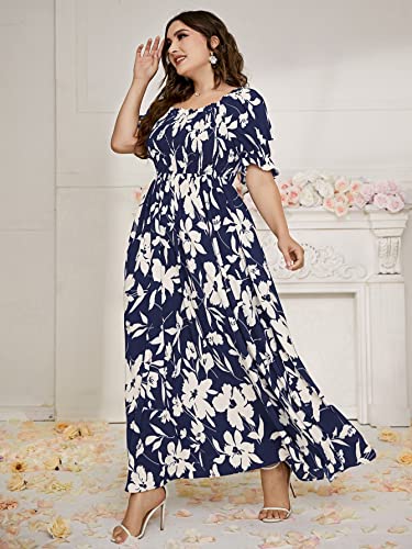 MakeMeChic Women's Plus Size Boho Floral Maxi Dress Curvy Short Sleeve Shirred Squared Neck Flomal Long Dress A Multi Blue 1XL - Image 5