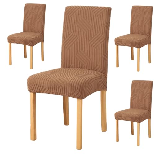 Styleys Elastic Chair Cover Stretch Removable Washable Short Jacquard Dining Chair Cover Protector Seat Slipcover (Pack of 4, Khaki, JTMC2) - Image 1