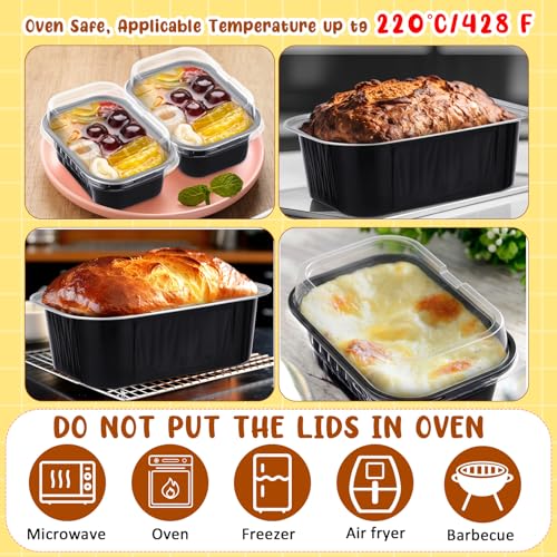 Vesici 100 Sets Mini Loaf Pans with Lids 5.7 oz Disposable Aluminum Foil Baking Cups Rectangle Cake Pans for Pudding Desserts Muffin Baking Storage Mother's Day Birthday Party(Black Silver) - Image 3