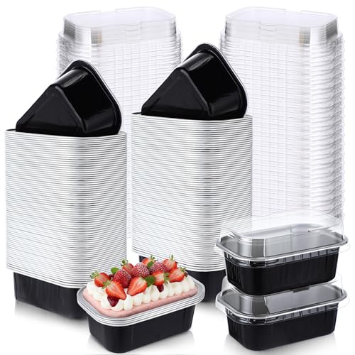 Vesici 100 Sets Mini Loaf Pans with Lids 5.7 oz Disposable Aluminum Foil Baking Cups Rectangle Cake Pans for Pudding Desserts Muffin Baking Storage Mother's Day Birthday Party(Black Silver) - Image 1