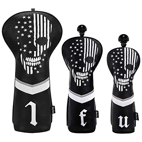 caiobob mytag Golf Skull Skeleton Head Cover Golf Club Black Leather Headcovers Set Fits Driver Fairway Wood Hybrid (One Set of 1, F, H) - Image 1