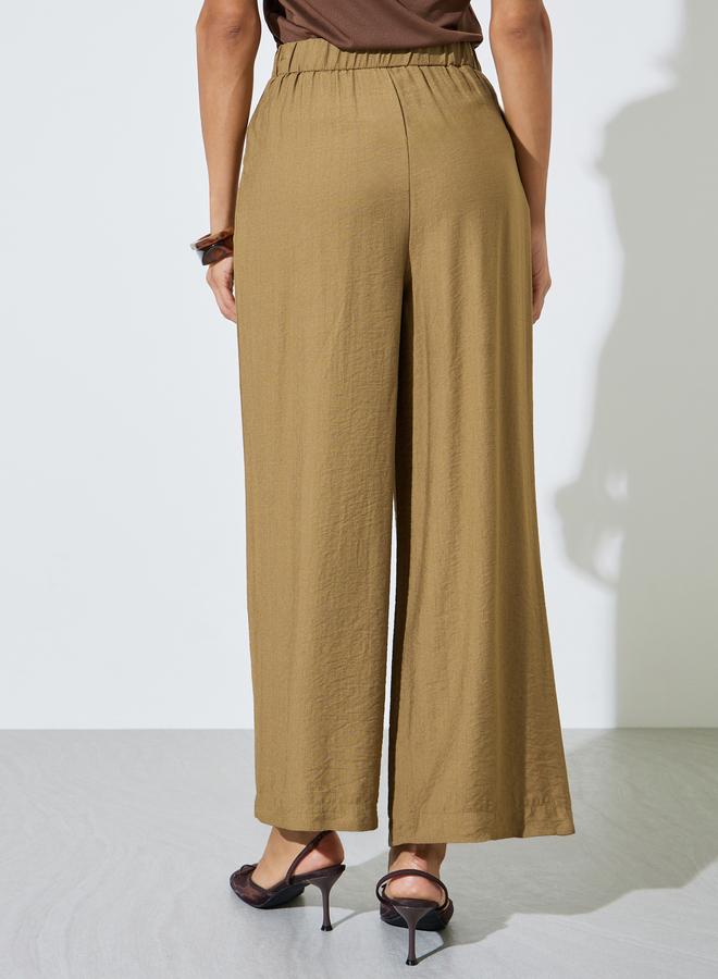 Styli Brown Wide Leg Pleated Trousers with Side Pocket - Image 4