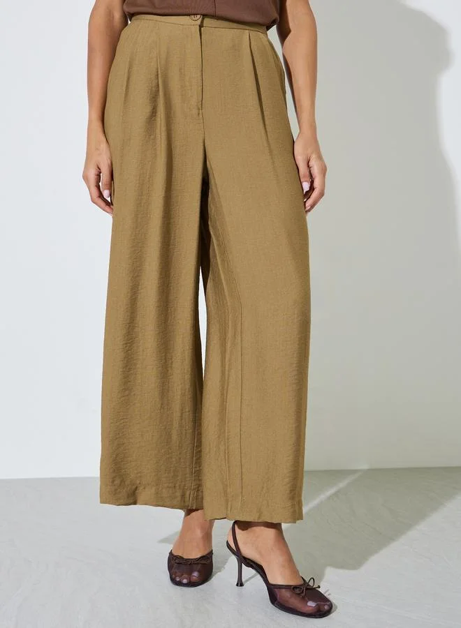 ستايلي Brown Wide Leg Pleated Trousers with Side Pocket