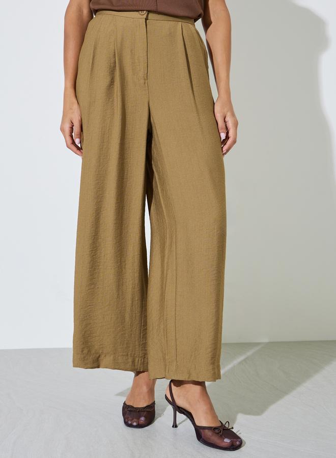 Styli Brown Wide Leg Pleated Trousers with Side Pocket - Image 2