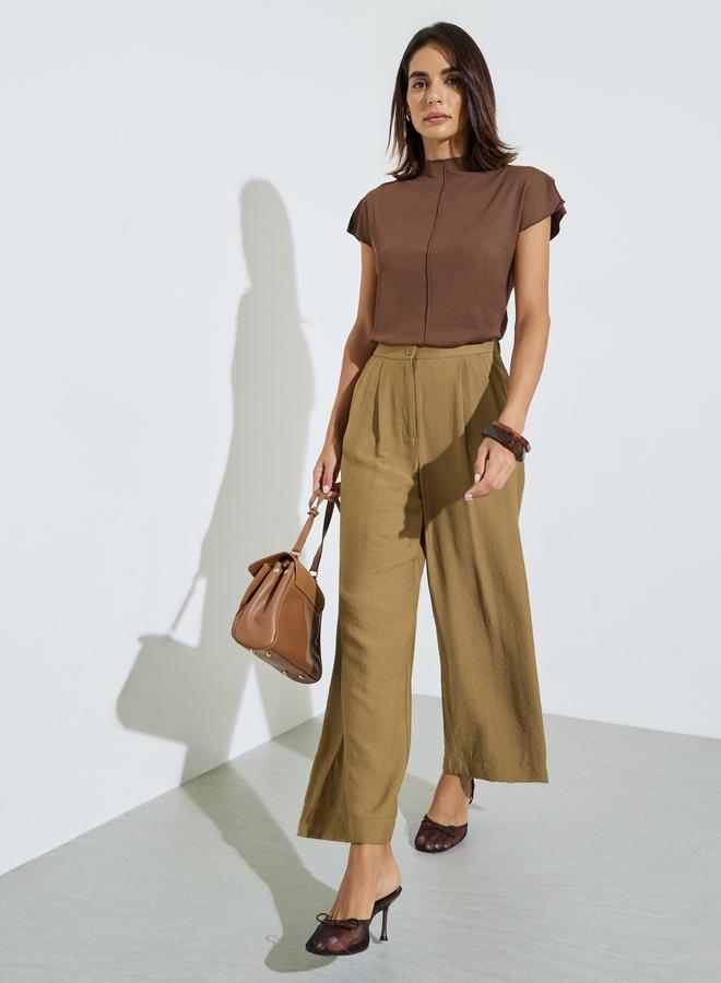 Styli Brown Wide Leg Pleated Trousers with Side Pocket - Image 1