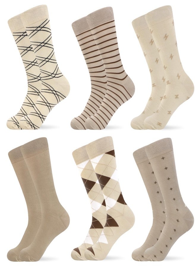 WeciBor Men's Beige Khaki Dress Socks - 6 Pack Seamless Cotton Tan Crew Socks, Size 7-12 for Business & Everyday Wear - Image 1