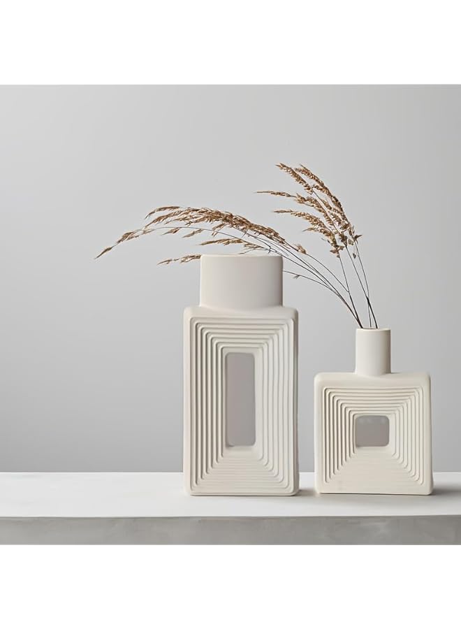 The Bros Ceramic Vase Set of 2, Square Vases, Rustic Home Decor, Minimalist Nordic Boho Style for Living Room, Shelf, Table, Bookshelf, Mantel and Entryway Decor, White (White) (White) - Image 1
