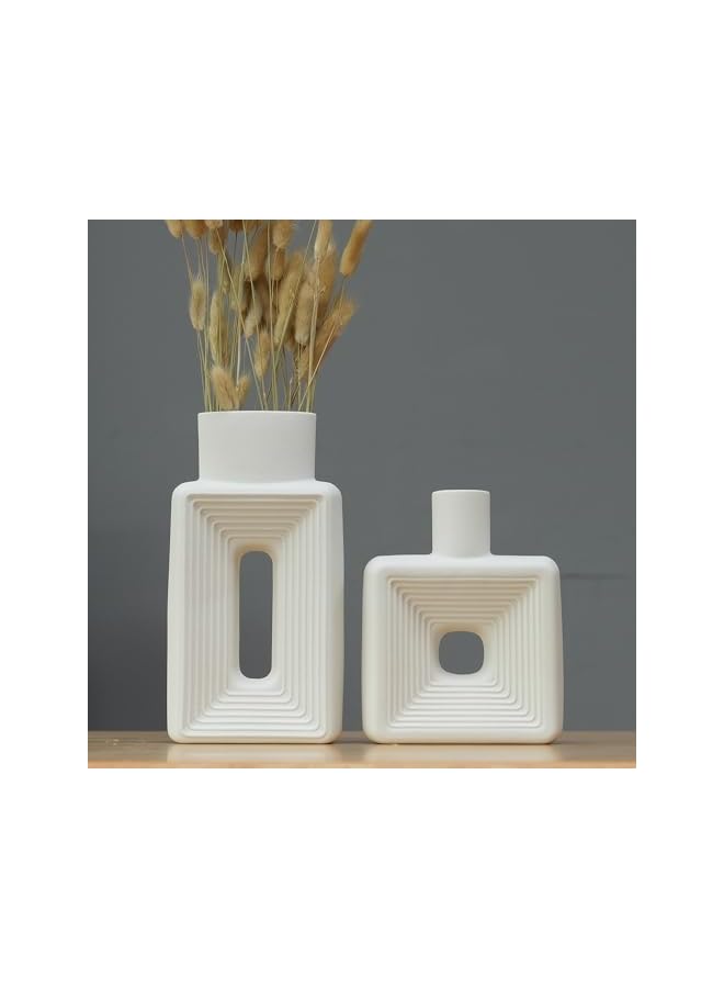 The Bros Ceramic Vase Set of 2, Square Vases, Rustic Home Decor, Minimalist Nordic Boho Style for Living Room, Shelf, Table, Bookshelf, Mantel and Entryway Decor, White (White) (White) - Image 5