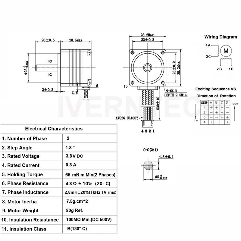 Iverntech Nema 11 Stepper Motor 28mm Body 1.8 Stepper Angle 0.8A 2 Phase 4-Lead with 50CM Cable for 3D Printer, CNC Machine and Robotics - Image 2