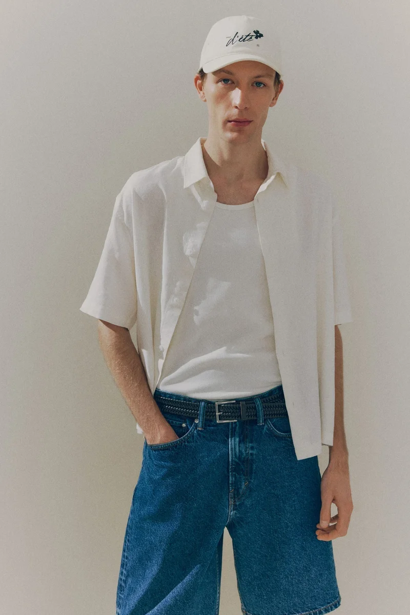 اتش اند ام قميص كتان قصير الأكمام بقصة واسعة