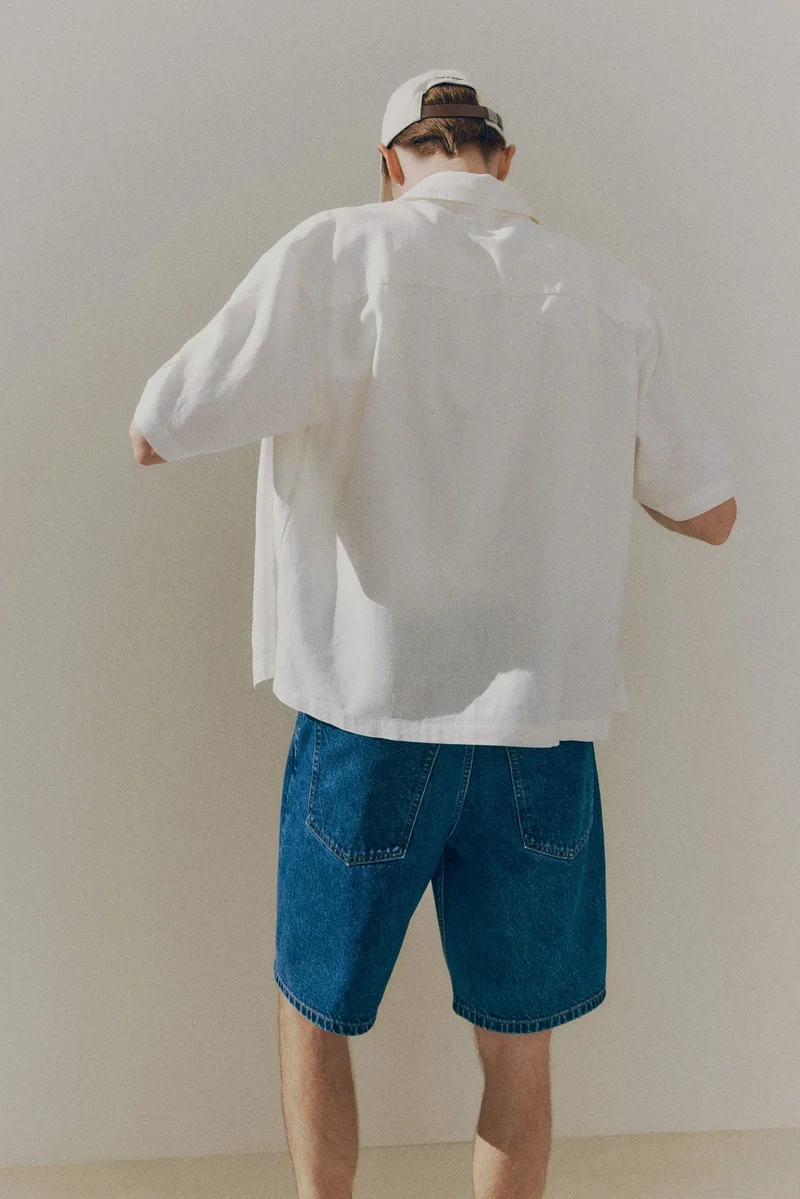 اتش اند ام قميص كتان قصير الأكمام بقصة واسعة