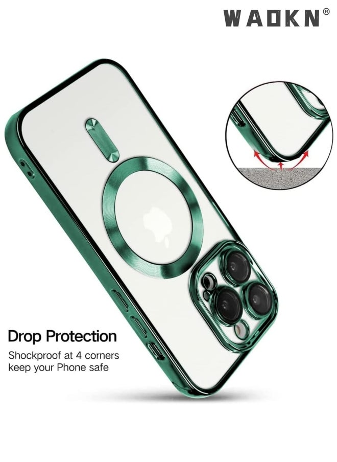 WAOKN - Electroplated Case for iPhone 15 Pro Max 6.7-Inch, Camera Lens Full Protection, Compatible with MagSafe Wireless Charging, Shockproof Soft TPU Phone Cover (green) - Image 1