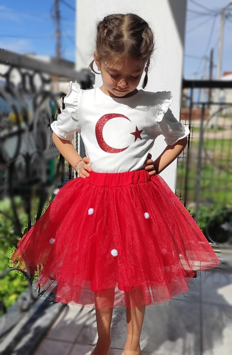 Novy Baby 23 April Turkish Flag Shoulder and Sleeve Ruffle T-Shirt Girl - 2-9 Years - 2088  - Image 1