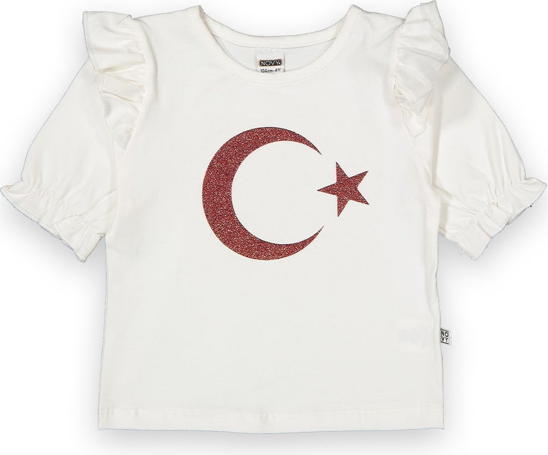 Novy Baby 23 April Turkish Flag Shoulder and Sleeve Ruffle T-Shirt Girl - 2-9 Years - 2088  - Image 2