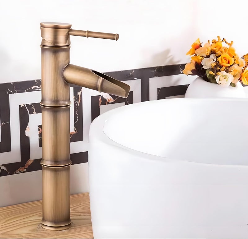 24x7 eMall Waterfall Bamboo Bathroom Basin Mixer Basin tap washbasin tap Faucet Brass 12 inch Height. Hot and Cold Water - Image 1