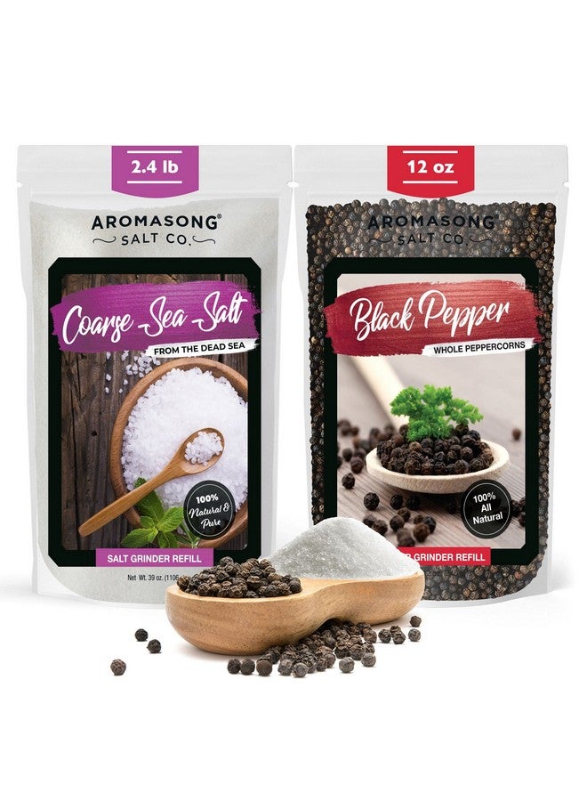 أروماسونج ملح البحر الخشن العضوي من أروما سونج (2.43 رطل) مع حبوب الفلفل الأسود (12 أونصة) ومجموعة مطحنة قابلة لإعادة التعبئة للطهي والخبز - كيس قابل لإعادة الإغلاق - Image 1
