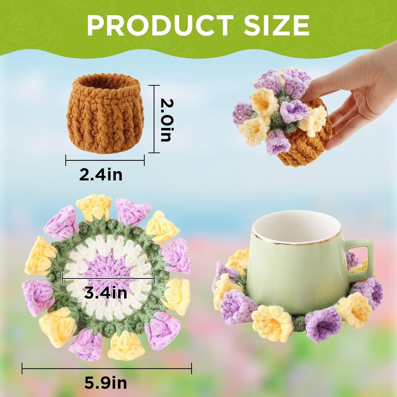 Vane Oak Flower Crochet Coasters, Handmade Bouquet Blanket Coaster with Crochet Plant Pot Fun Soft Decorative Drink Coasters for Coffee Table Tabletop Protection and Home Decor - Image 2