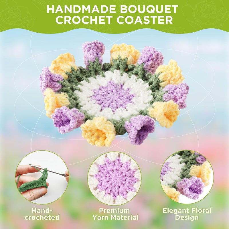 Vane Oak Flower Crochet Coasters, Handmade Bouquet Blanket Coaster with Crochet Plant Pot Fun Soft Decorative Drink Coasters for Coffee Table Tabletop Protection and Home Decor - Image 4