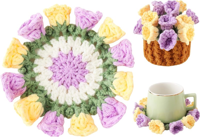 Vane Oak Flower Crochet Coasters, Handmade Bouquet Blanket Coaster with Crochet Plant Pot Fun Soft Decorative Drink Coasters for Coffee Table Tabletop Protection and Home Decor - Image 1