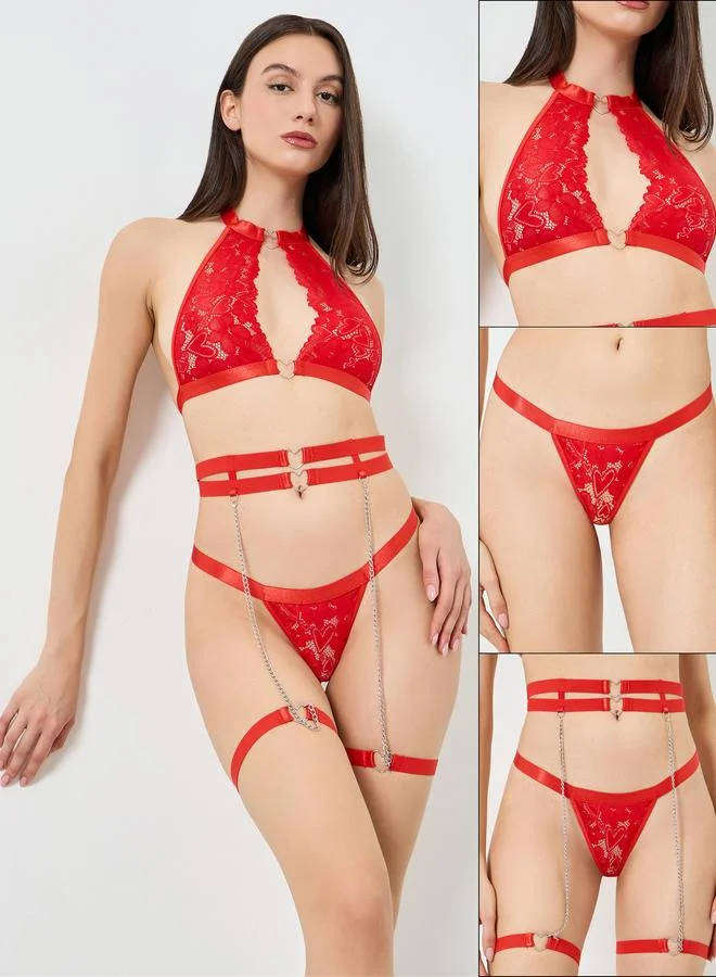 Take Two Lace Non Padded Non Wired Bra with Thong and Suspenders