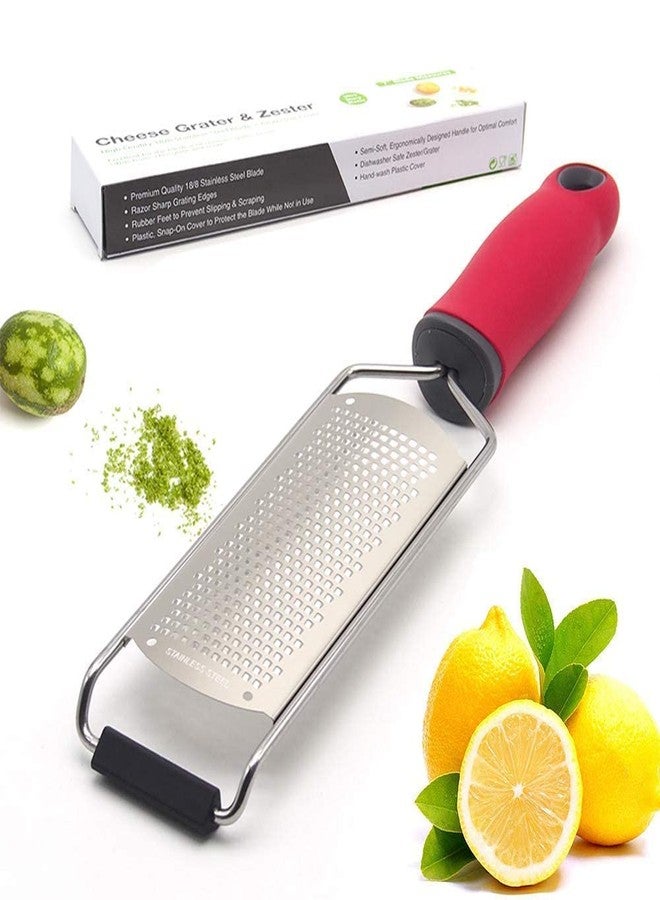 Baskety Stainless Steel Zester & Grater for Cheese, Lemon, Ginger, Nutmeg, Potatoes, Vegetables & Fruits (Broad Red) - Image 1