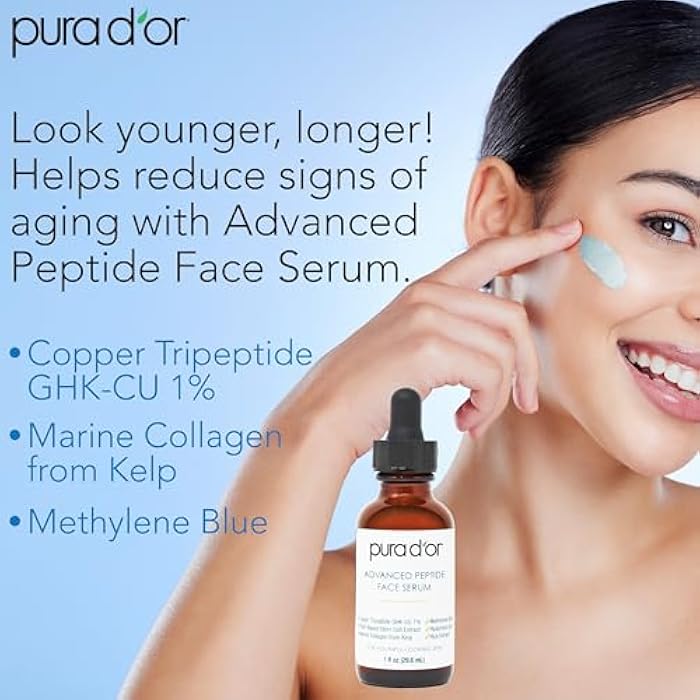 PURA D'OR Advanced Peptide Face Serum – Copper Tripeptide, Plant-Based Stem Cell Extract, Marine Collagen from Kelp, Hyaluronic Acid & Methylene Blue – Anti-Aging Serum for Youthful-Looking Skin, 1 Oz - Image 2