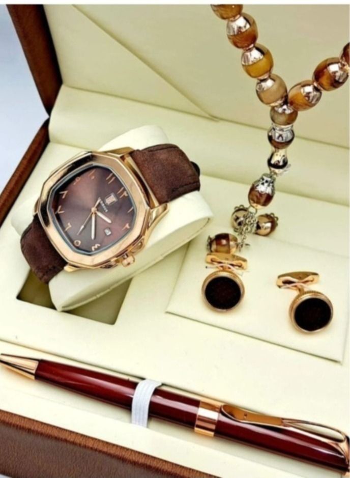 A men's watch set with analogues and a leather bracelet, which is water resistant, consisting of a watch, a cufflink, a pen, and a rosary