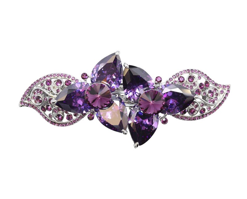 Faship Gorgeous Purple CZ Crystal Heavy Duty Floral Hair Barrette Clip
