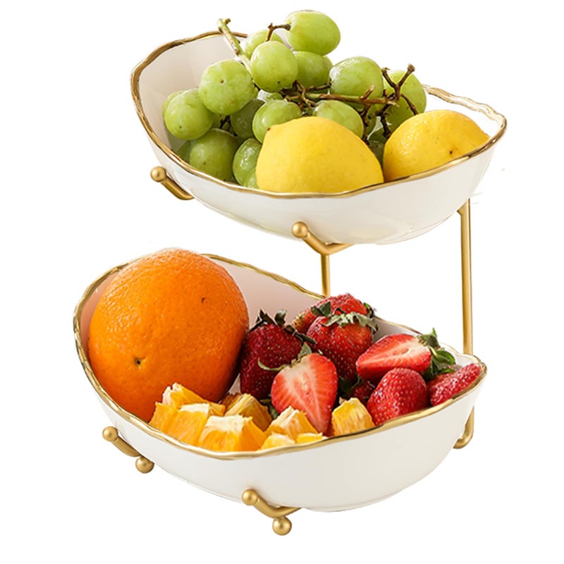 HOMKULA 2 Tier Ceramic Fruit Bowl for Kitchen Counter Tiered Fruit Basket for Countertop Modern Multi Layer Fruit Display Stand for Party Cute  Smal Goldrimmed