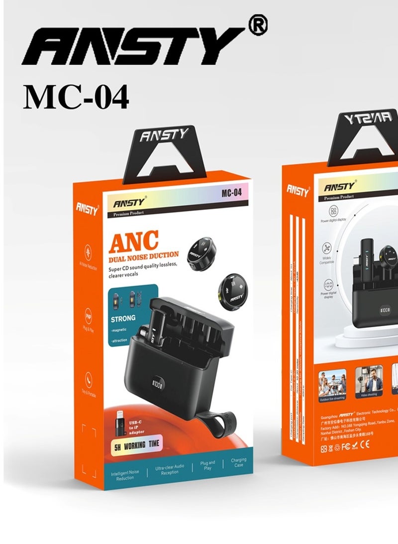 MC-04 Wireless Microphone System - 4-in-1 Universal Compatibility, Charging Case, and Advanced DSP Noise Reduction for Professional Content