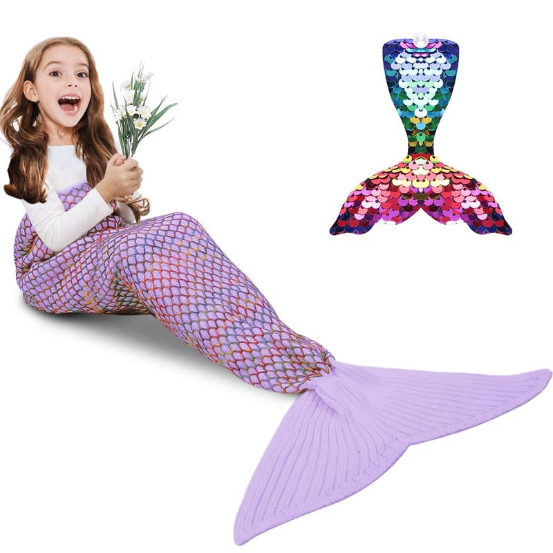 AmyHomie Mermaid Tail Blanket  Hand Crochet Mermaid Blanket for Kids  Super Soft Breathable Little Mermaid Tail Sleeping Bag  Best Mermaid Gifts for Girls(Light Purple Rainbow  Kids)