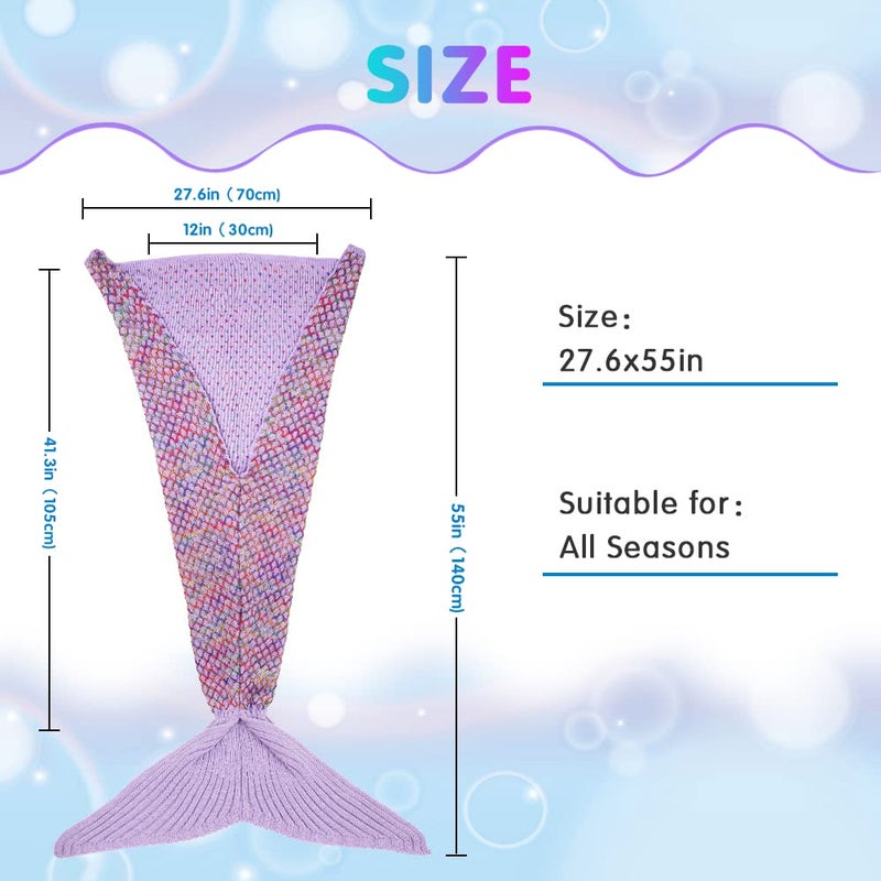 AmyHomie Mermaid Tail Blanket  Hand Crochet Mermaid Blanket for Kids  Super Soft Breathable Little Mermaid Tail Sleeping Bag  Best Mermaid Gifts for Girls(Light Purple Rainbow  Kids)