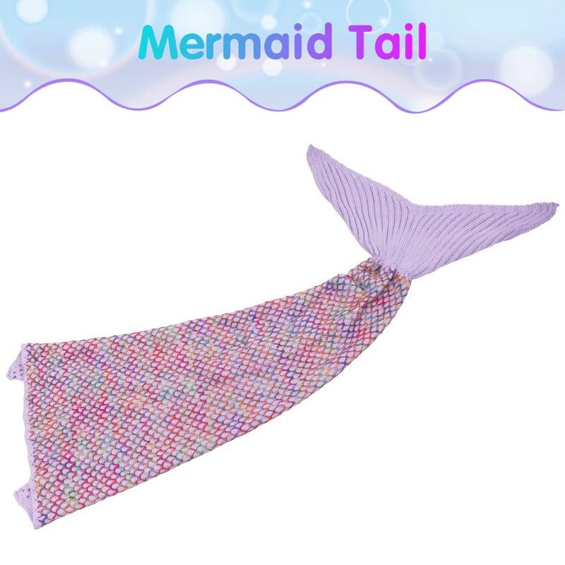 AmyHomie Mermaid Tail Blanket  Hand Crochet Mermaid Blanket for Kids  Super Soft Breathable Little Mermaid Tail Sleeping Bag  Best Mermaid Gifts for Girls(Light Purple Rainbow  Kids)