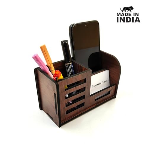 Woodkey Desk Organizer Pen Stand With Visiting Card And Mobile Holder|Multipurpose Wooden Pen And Pencil Holder Stand For Office&Study Table,Desk Supplies Organisers,Rolex Darkwood,Dark Brown - Image 3