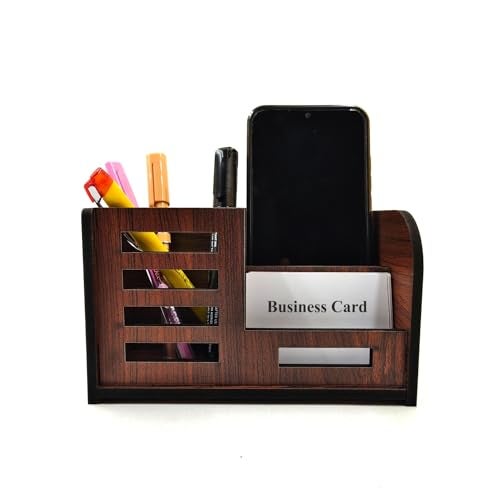 Woodkey Desk Organizer Pen Stand With Visiting Card And Mobile Holder|Multipurpose Wooden Pen And Pencil Holder Stand For Office&Study Table,Desk Supplies Organisers,Rolex Darkwood,Dark Brown - Image 1