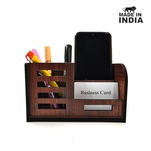 Woodkey Desk Organizer Pen Stand With Visiting Card And Mobile Holder|Multipurpose Wooden Pen And Pencil Holder Stand For Office&Study Table,Desk Supplies Organisers,Rolex Darkwood,Dark Brown - Image 2