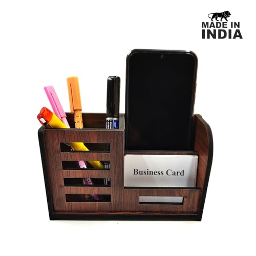 Woodkey Desk Organizer Pen Stand With Visiting Card And Mobile Holder|Multipurpose Wooden Pen And Pencil Holder Stand For Office&Study Table,Desk Supplies Organisers,Rolex Darkwood,Dark Brown - Image 4